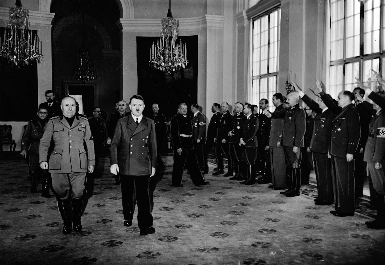 Adolf Hitler receives Benito Mussolini in Schloss Klessheim